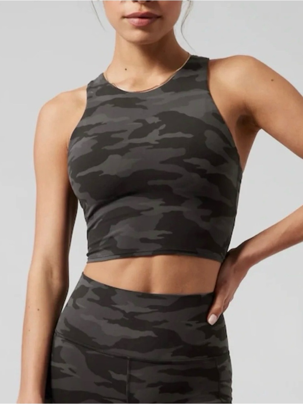 Athleta Conscious Crop Printed Bra Tank Top in Black Camo | Size M